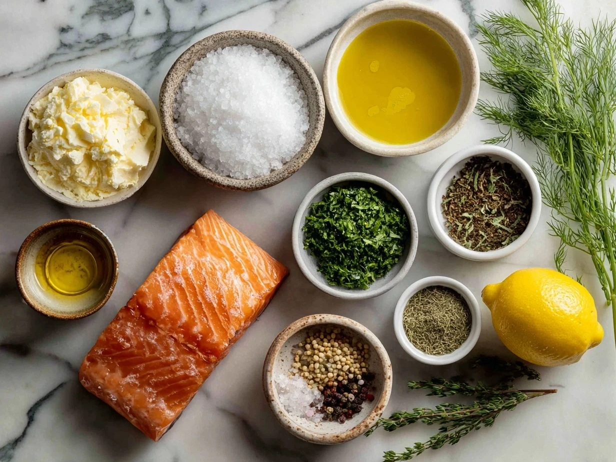 Ingredients for Salmon Piccata including salmon fillets, lemon, capers, garlic, and butter