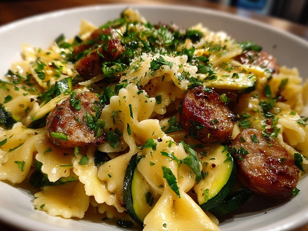 Final served plate of Sausage and Courgette Pasta garnished with fresh basil and Parmesan cheese