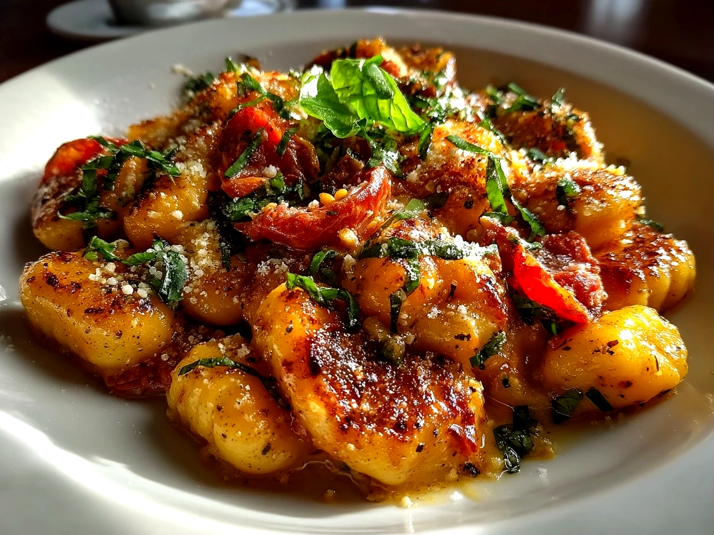 Creamy Sausage Gnocchi served in a white bowl, garnished with fresh herbs