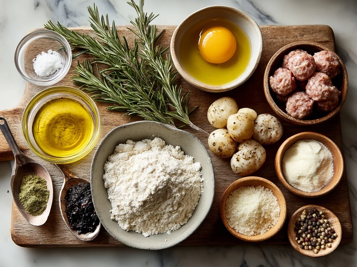 Ingredients for Sausage Gnocchi laid out on a kitchen counter