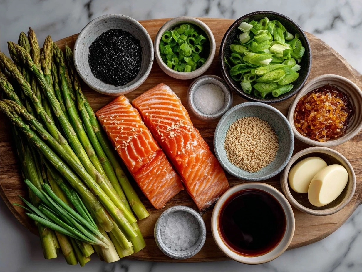 Ingredients for Sheet Pan Teriyaki Salmon including salmon, soy sauce, honey, garlic, ginger and fresh vegetables