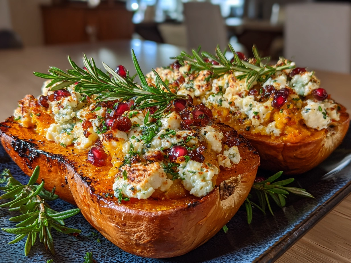Beautifully served Simanim Stuffed Butternut Squash garnished with fresh herbs and pomegranate seeds
