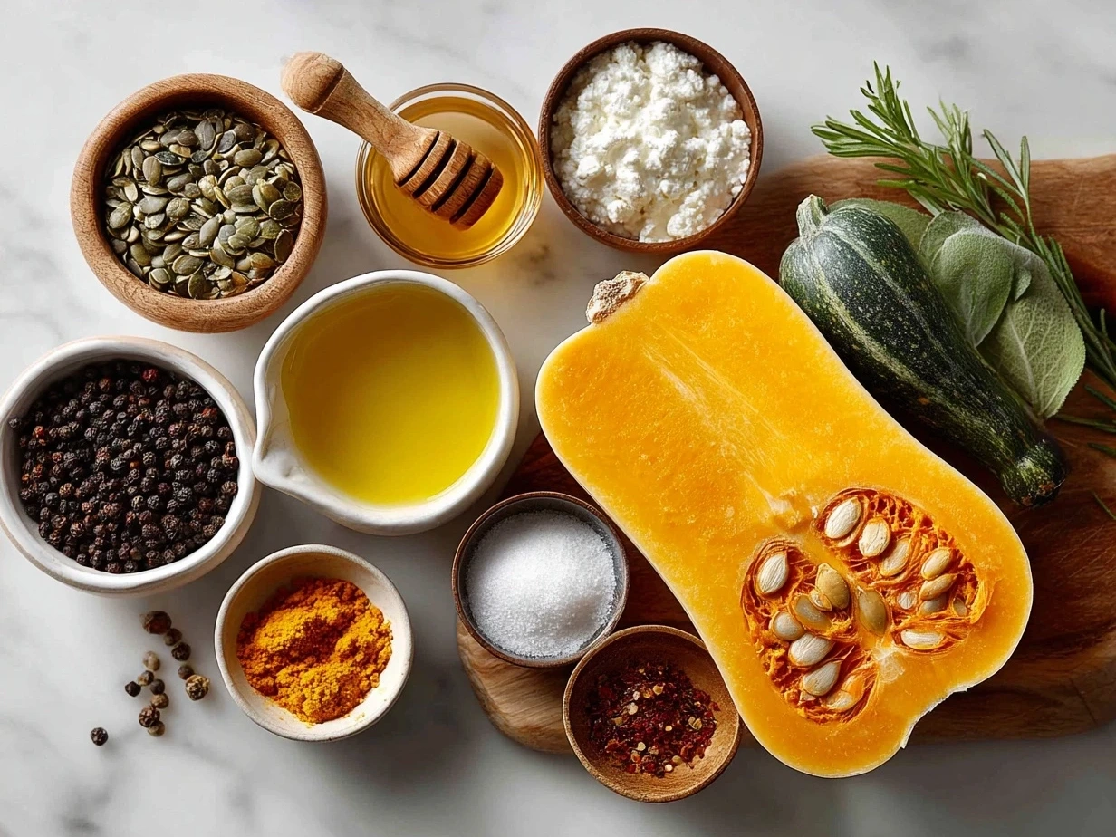 Ingredients for Simanim Stuffed Butternut Squash laid out including butternut squash, quinoa, pomegranate seeds, apples, walnuts, and spices