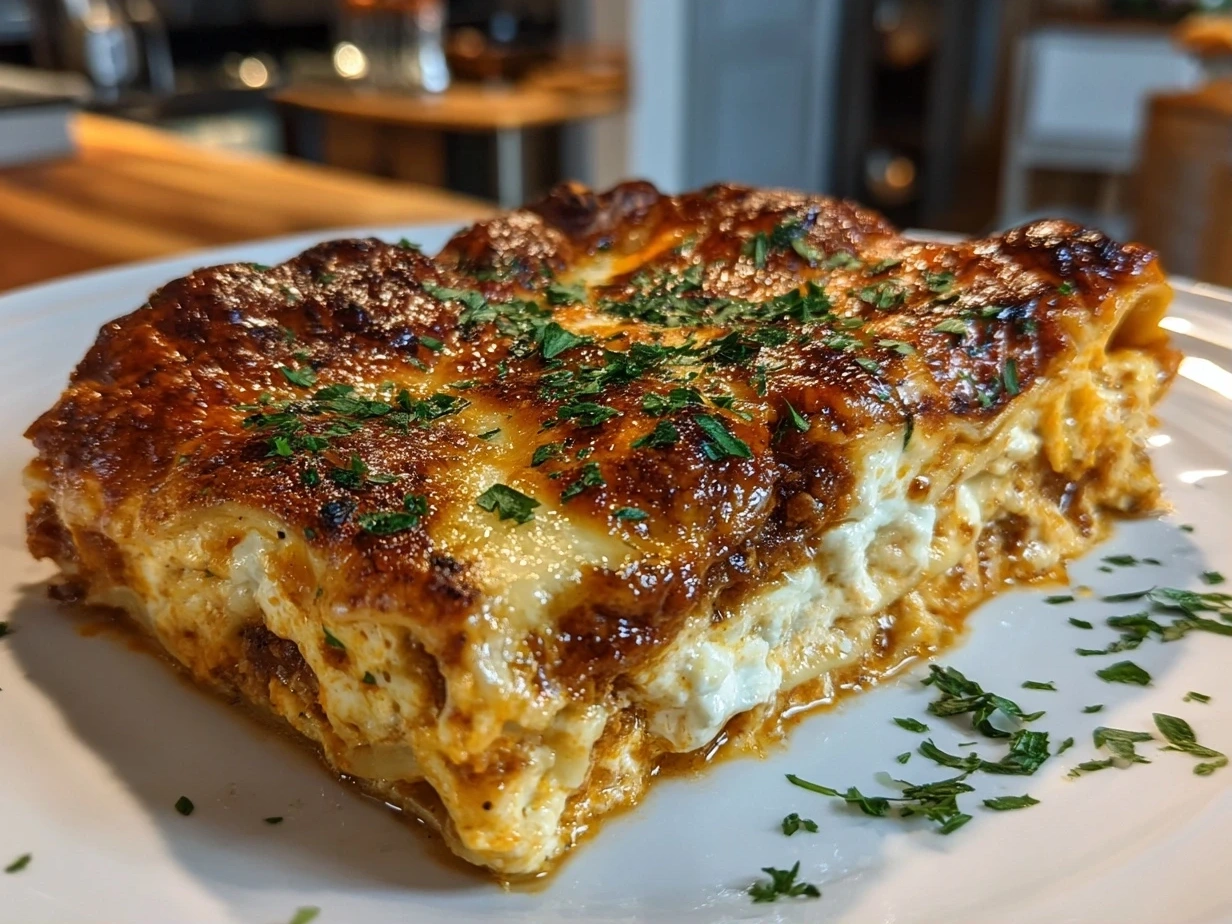 Slight angle close-up of finished Butternut Squash Lasagna with golden bubbly cheese on top
