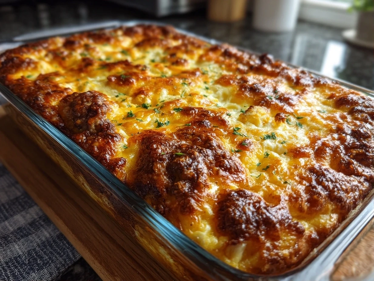 Slight angle close up of finished cheesy breakfast casserole with golden top