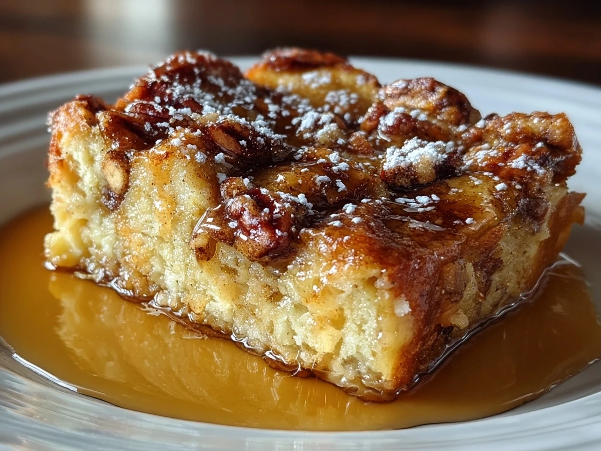 Slight angle close-up of a finished golden French Toast Casserole baked to perfection