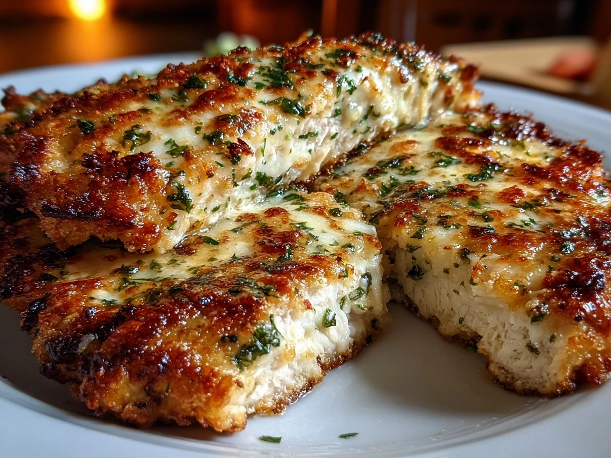 Close up of finished creamy garlic parmesan chicken on a serving plate