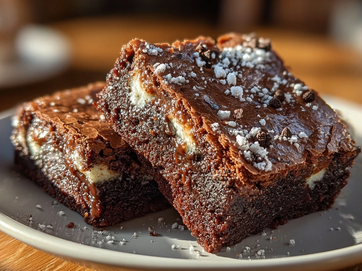 Slight angle close-up of finished Mint Oreo Brownies showing fudgy texture and chunks of cookie