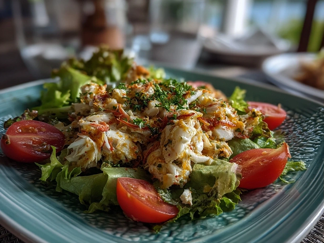 Slight angle close-up of finished Paleo Crab Louie salad with fresh crab and veggies