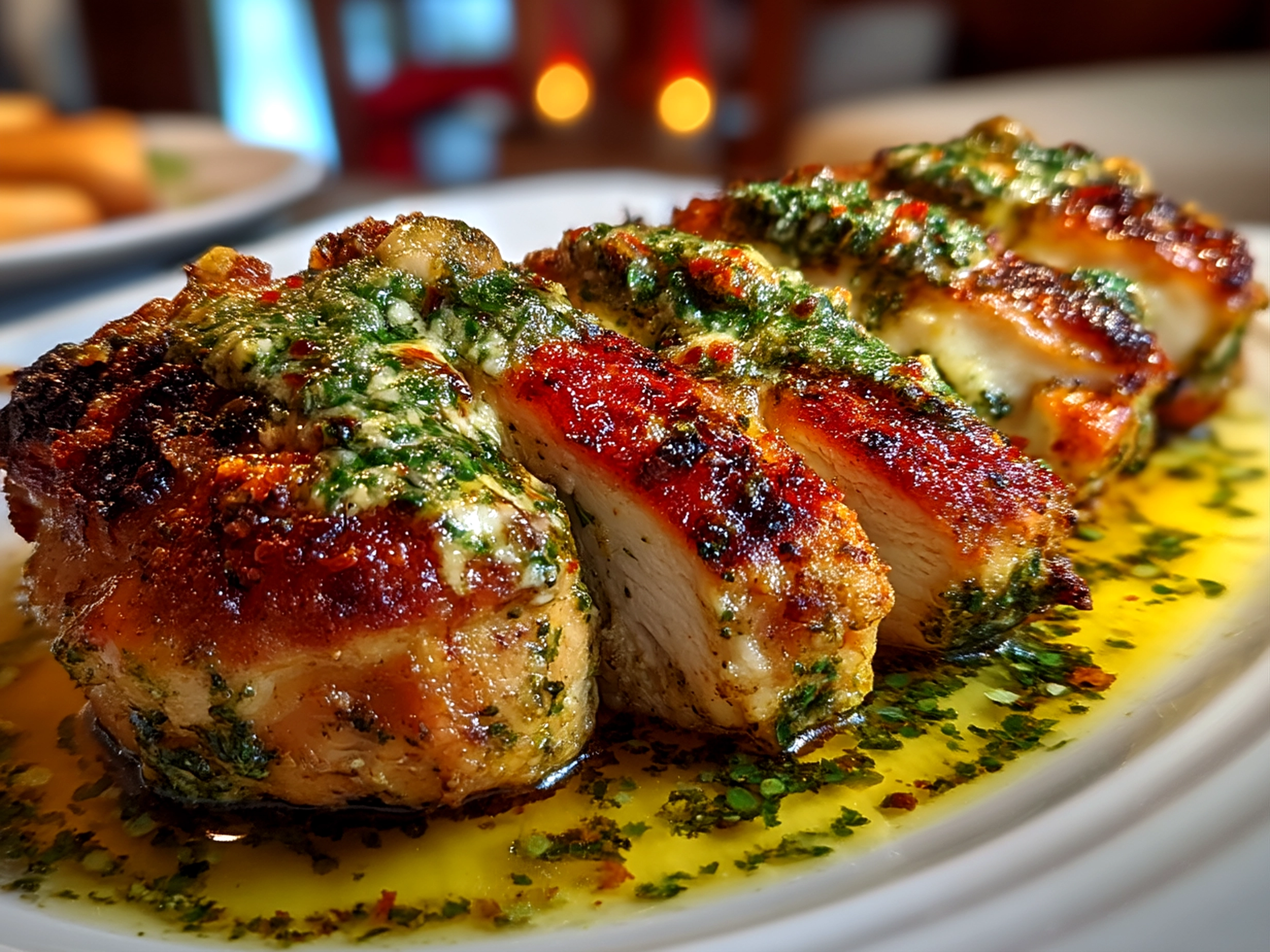 Slight angle close-up of finished Pesto Stuffed Chicken plated