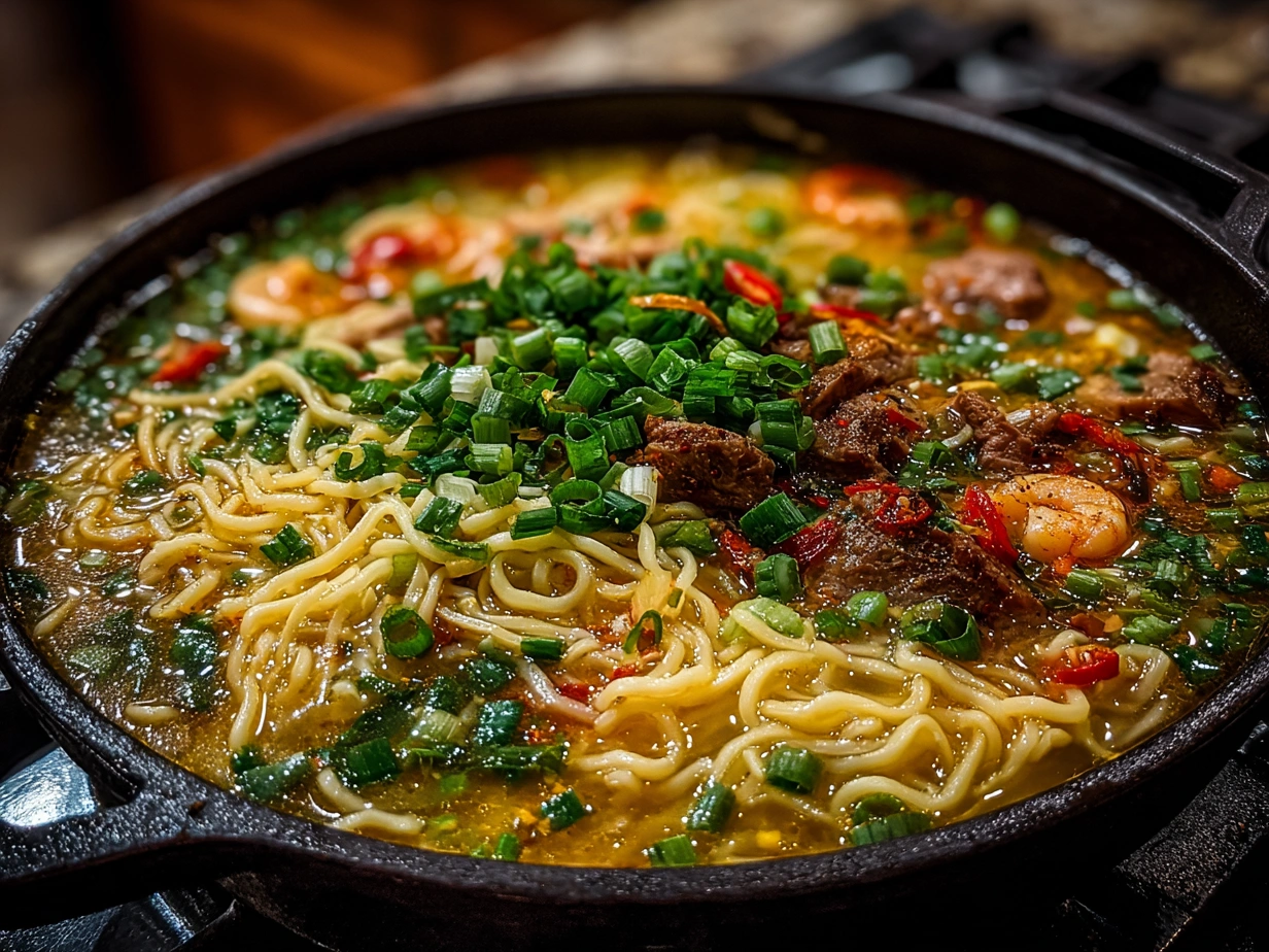 Slight angle close-up of finished ramen noodle soup in a bowl
