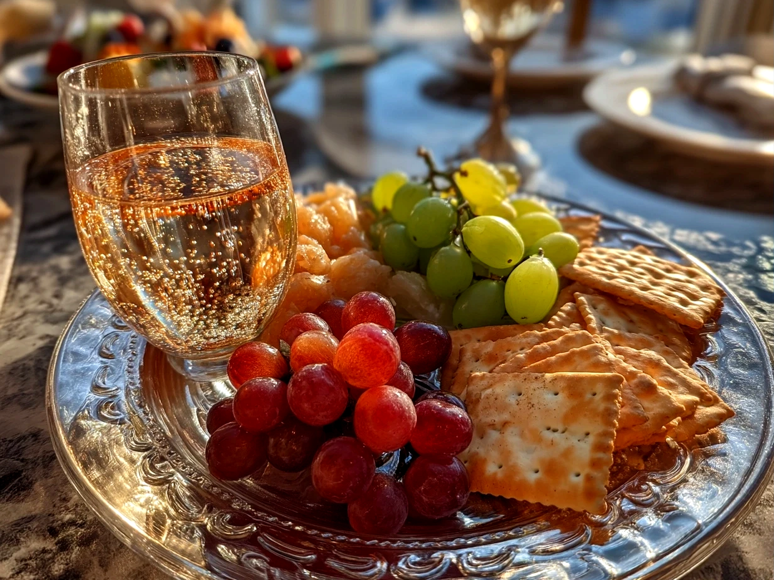 Slight angle close-up of finished Sparkling Grape and Silver Cracker Platter