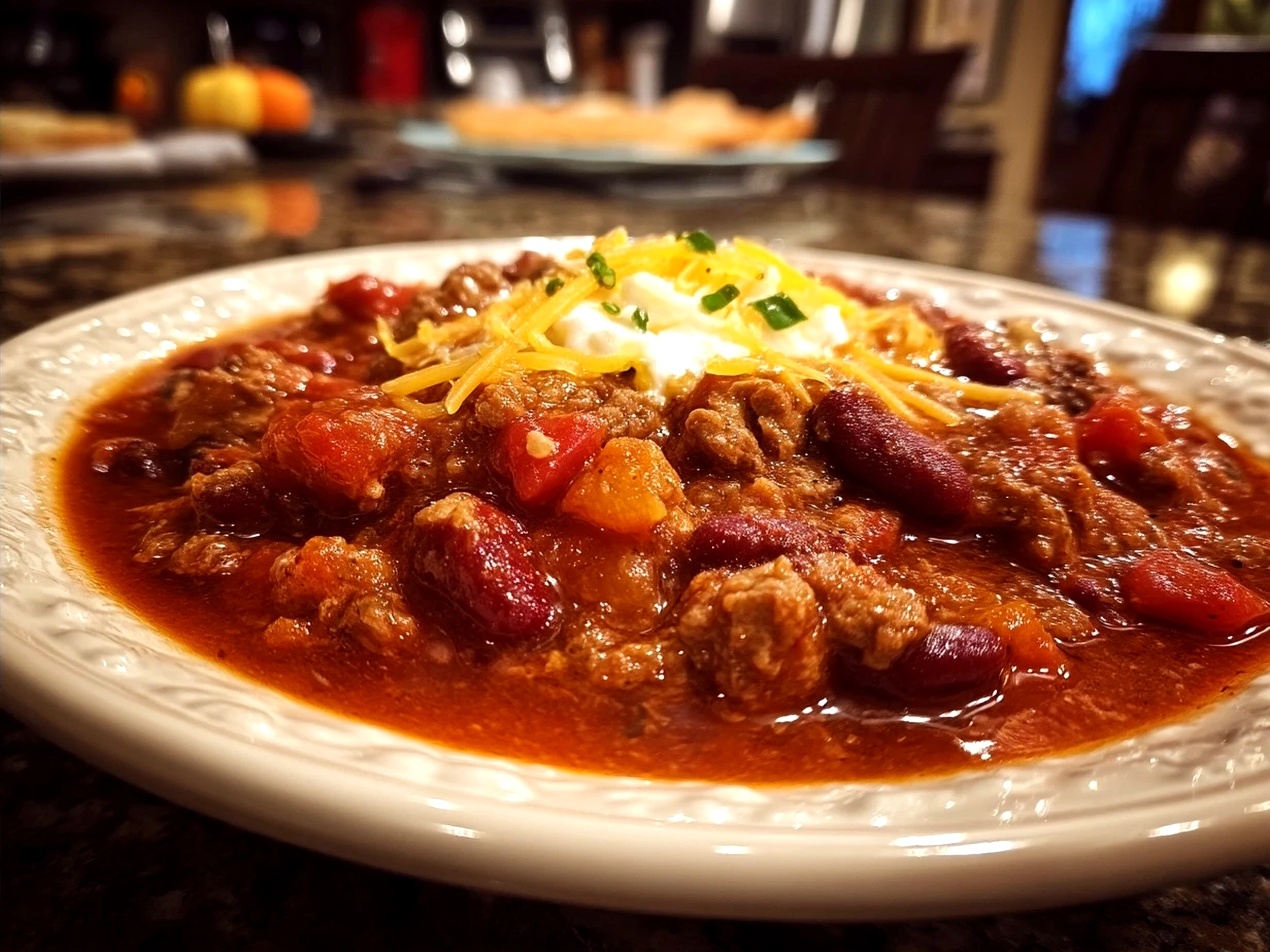 A bowl of slow cooker chili topped with cheese and served with bread and salad