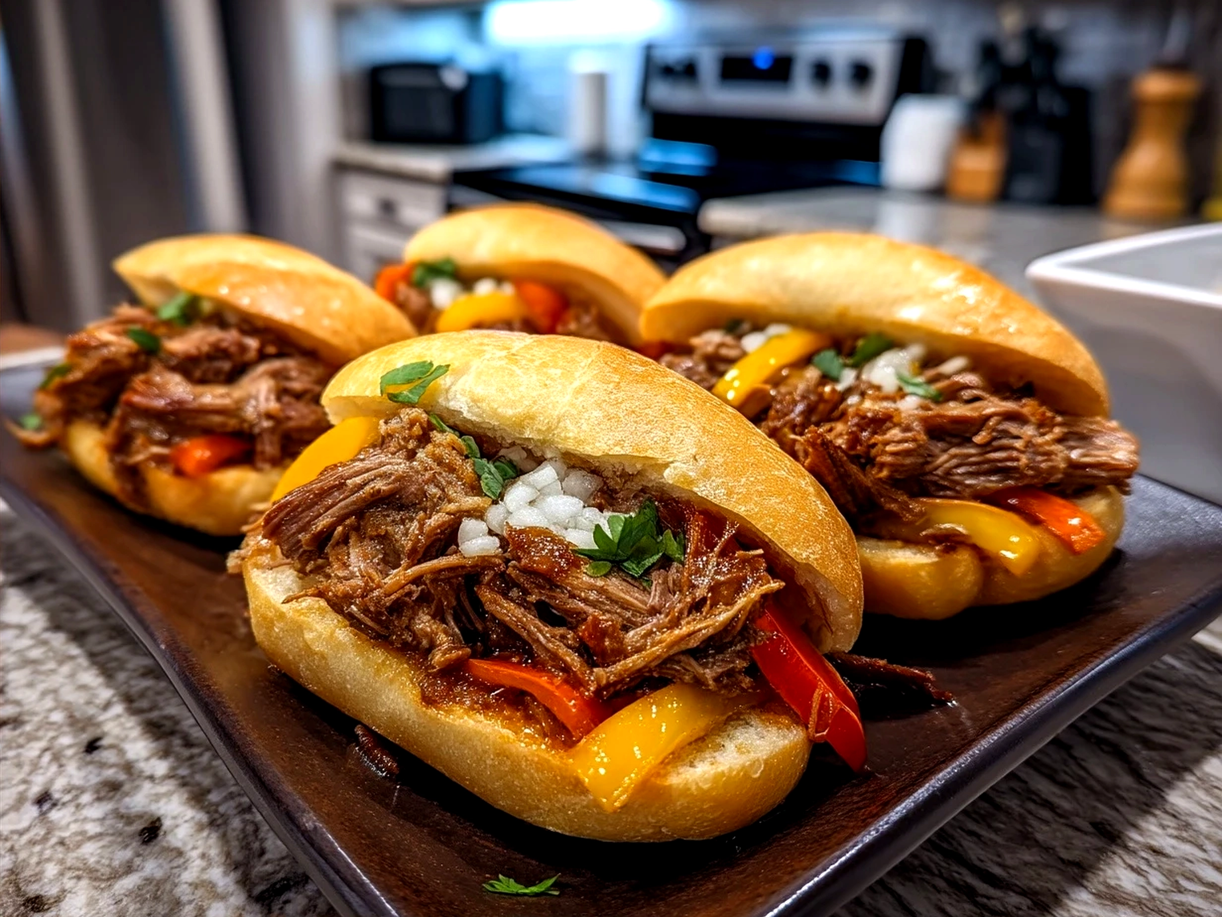Slow Cooker Italian Beef Sandwiches served on toasted rolls with pepperoncini and sides