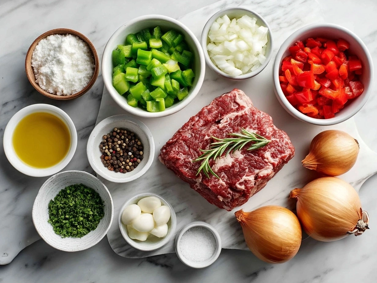 Ingredients displayed for Slow Cooker Italian Beef Sandwiches including beef, spices, and rolls