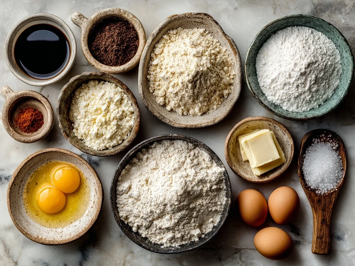 Ingredients for sourdough English muffins including sourdough starter, milk, butter, honey, flour, and salt