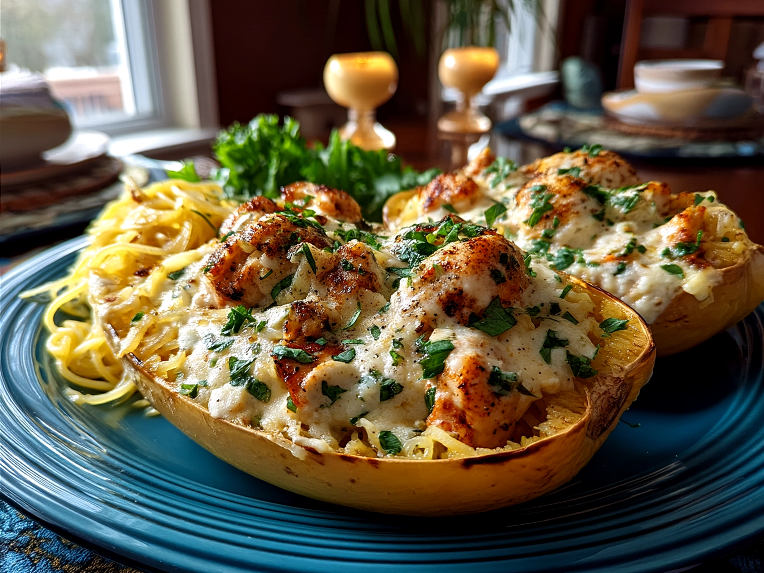 Served Spaghetti Squash Alfredo Boats garnished with fresh herbs on a plate