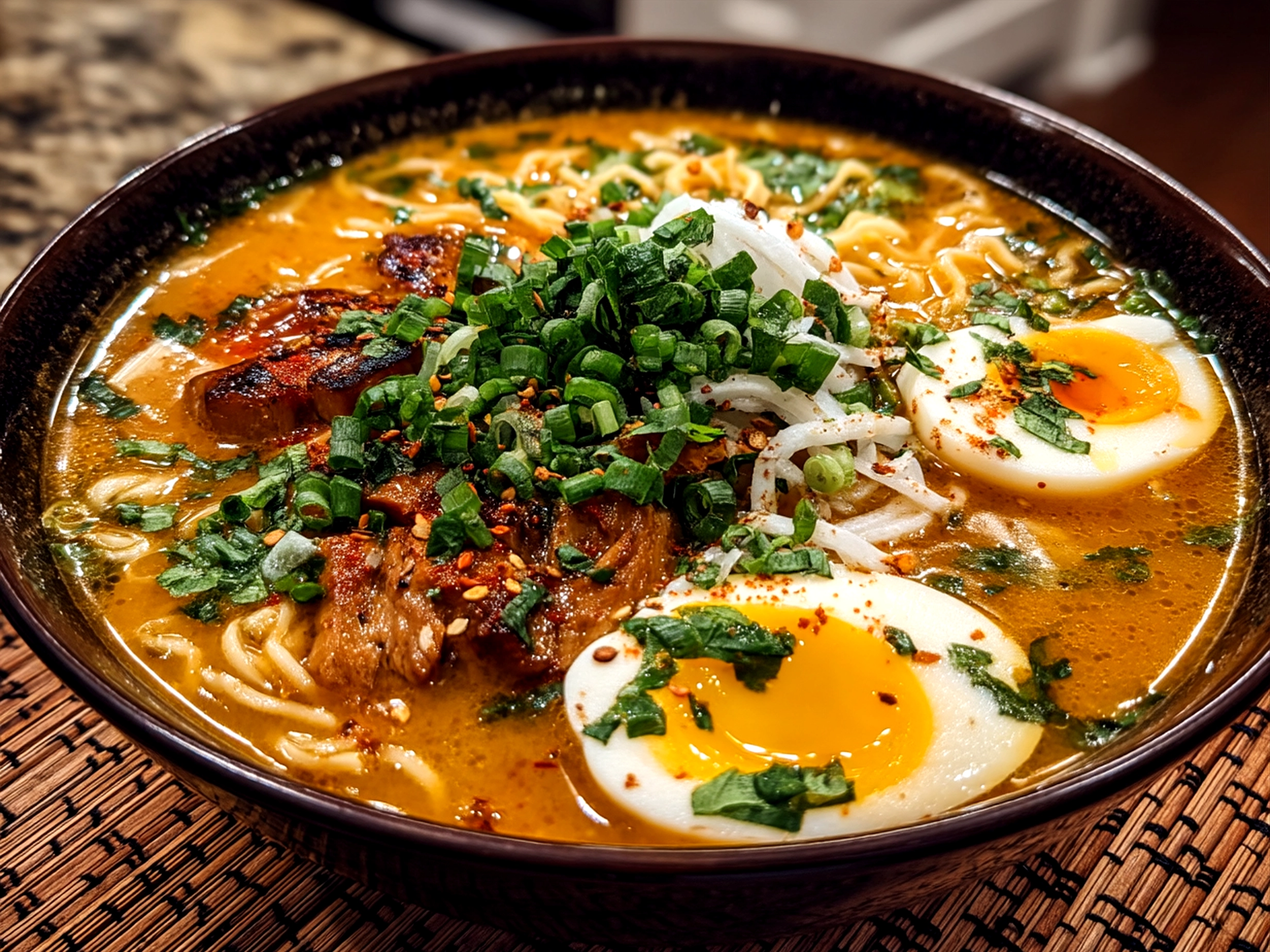 A beautifully served bowl of spicy miso ramen with egg, green onions, and sesame seeds