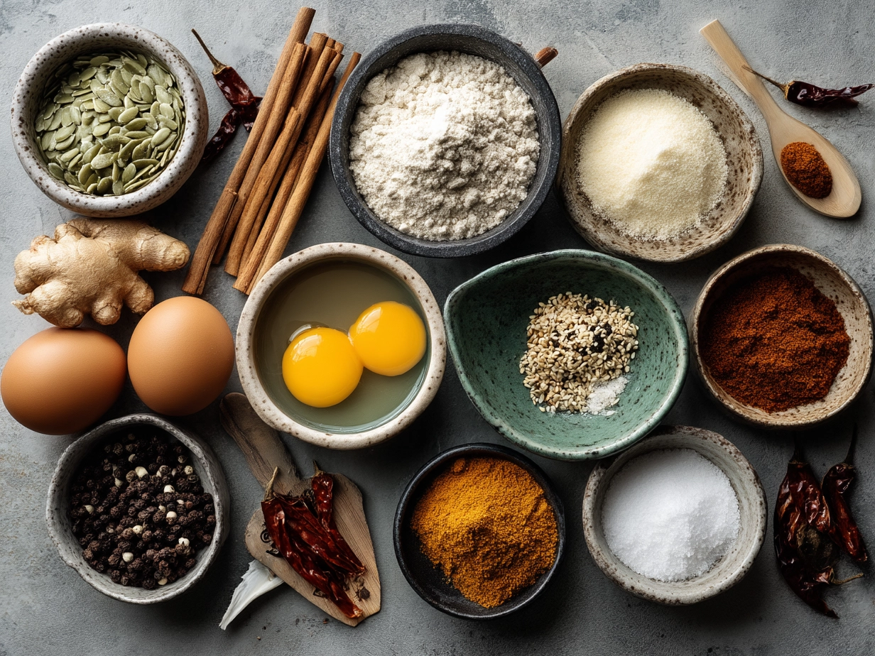 Ingredients for spicy miso ramen displayed on a kitchen counter including broth, miso paste, garlic, ginger, noodles, mushrooms, and greens