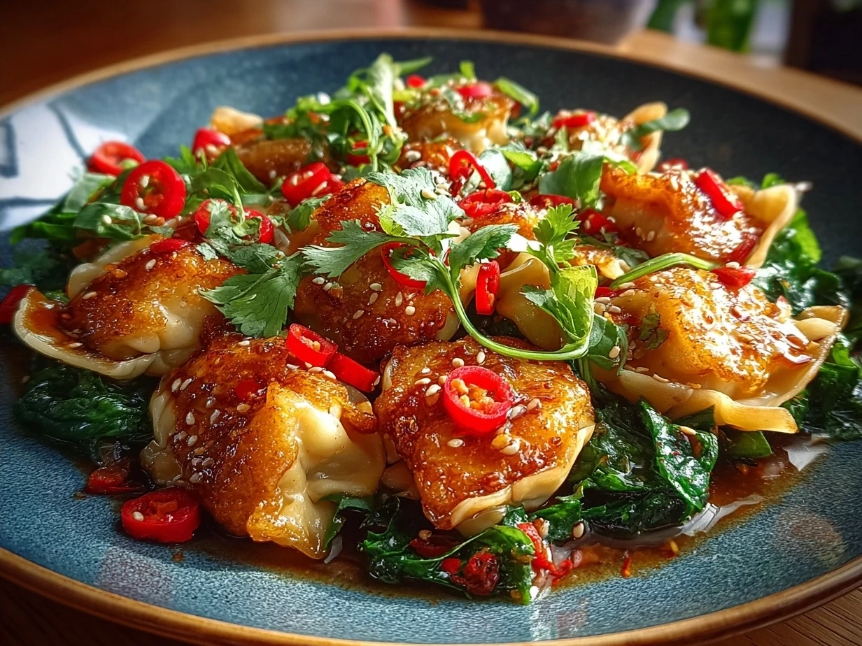 Plate of Spicy Wontons in Chilli Sauce garnished with sesame seeds and green onions