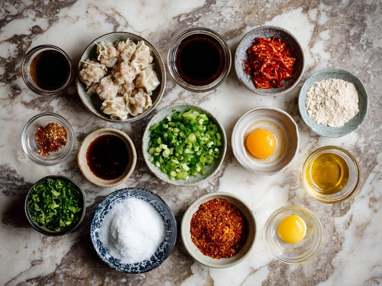 Ingredients for Spicy Wontons in Chilli Sauce including wonton wrappers, ground pork, ginger, garlic, green onions, chili oil and more