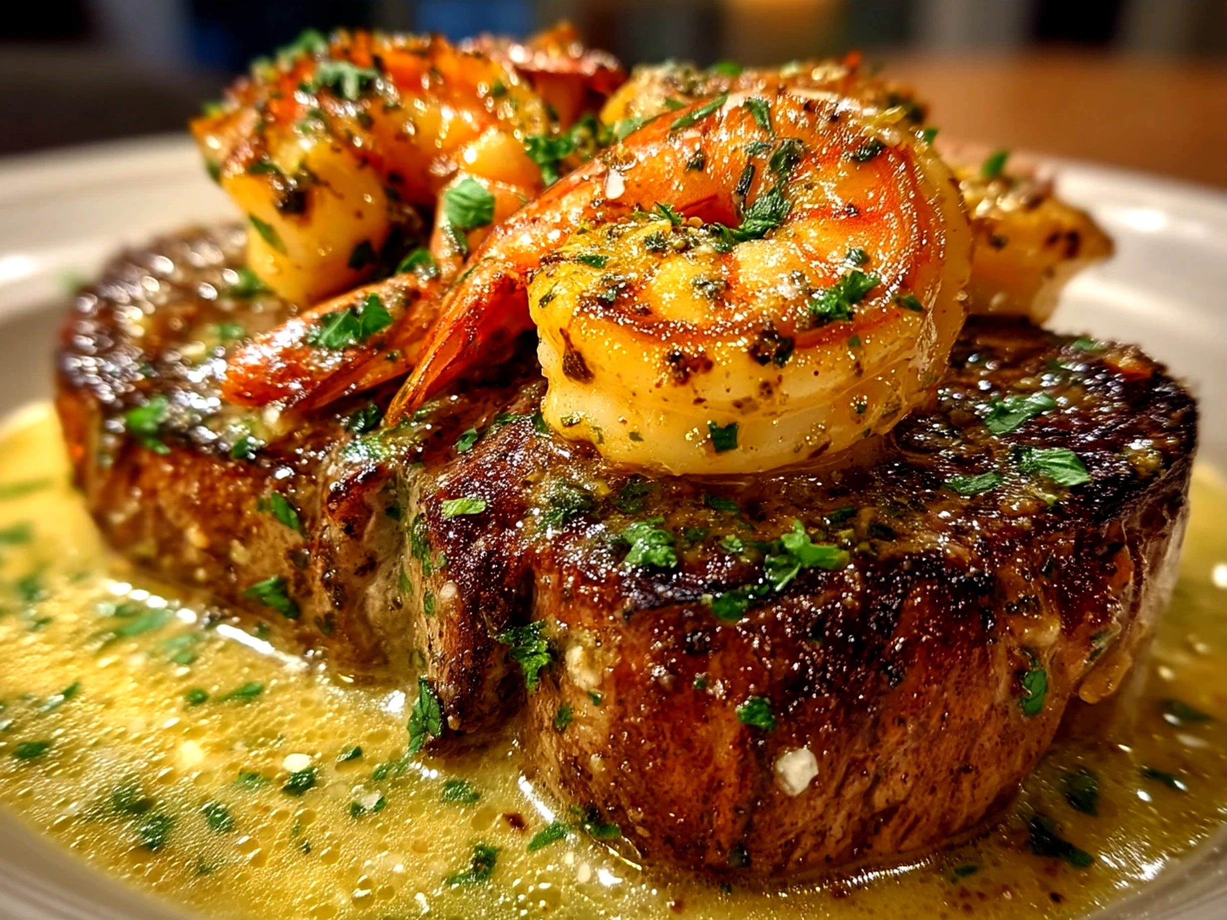 Plated Steak And Shrimp served with fresh parsley garnish and sides