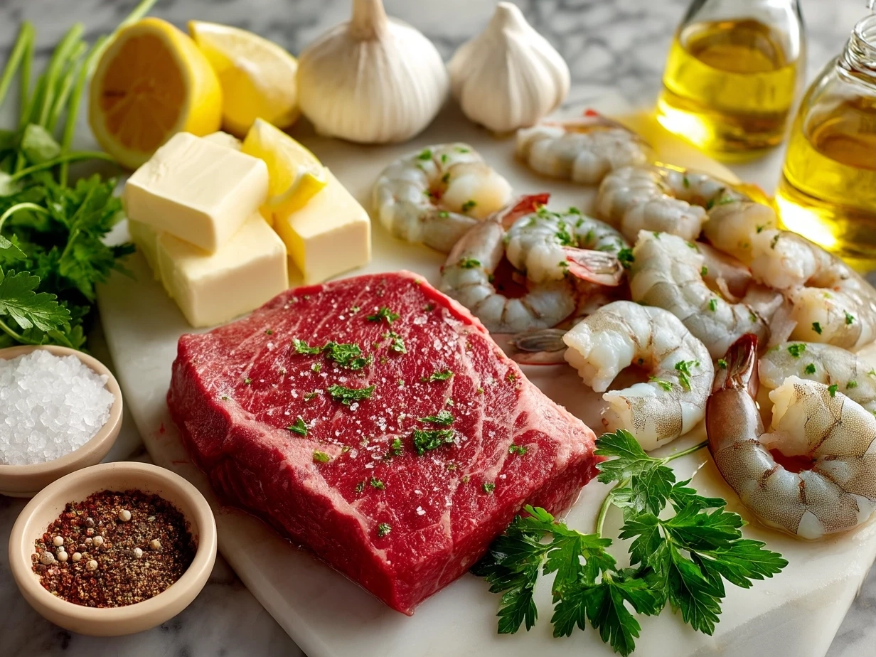 Ingredients for Steak And Shrimp including steak, shrimp, garlic, olive oil, butter, and fresh parsley