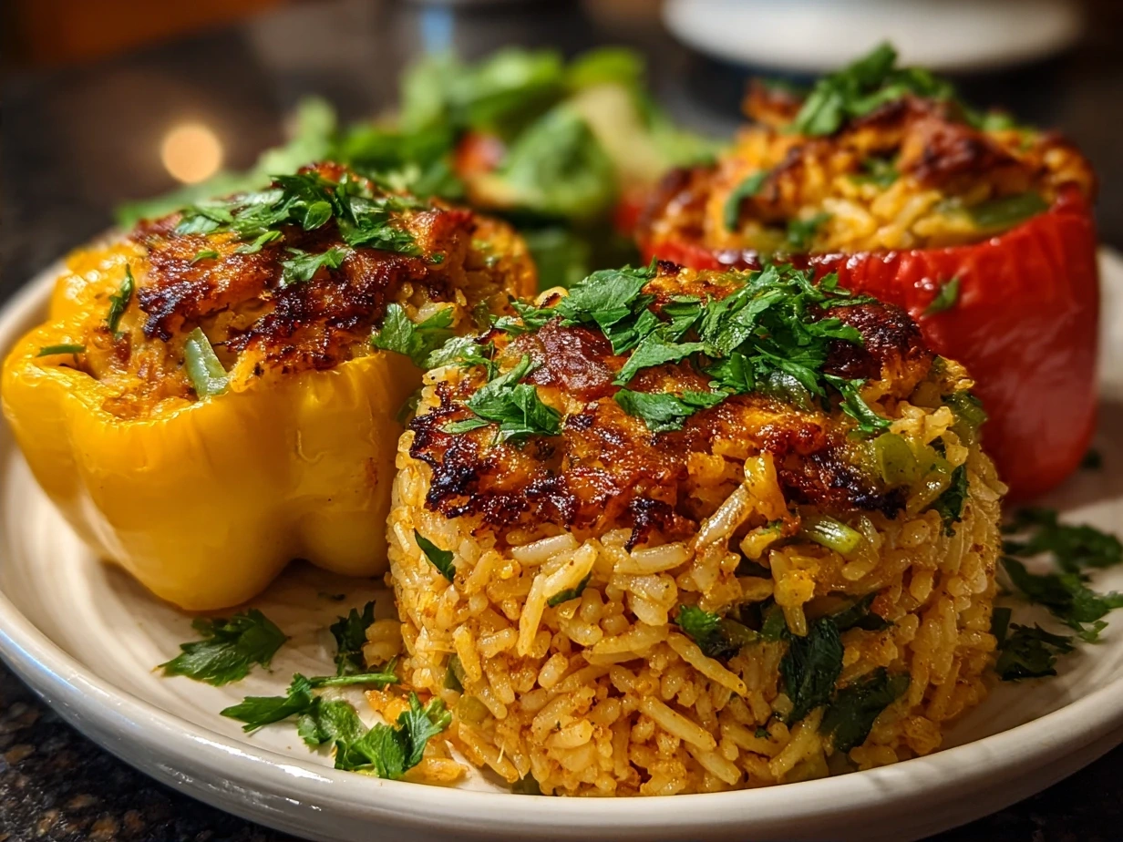 Completed Stuffed Bell Pepper Rice Boats served on a rustic plate with fresh cilantro garnish