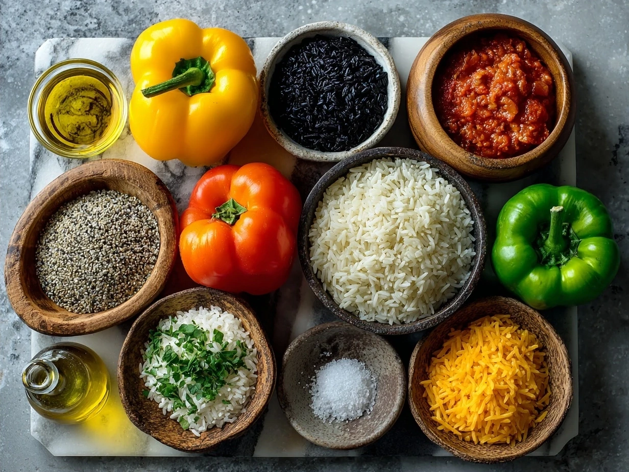 Ingredients for Stuffed Bell Pepper Rice Boats with colorful bell peppers, rice, beans, spices, and cheese arranged on a table