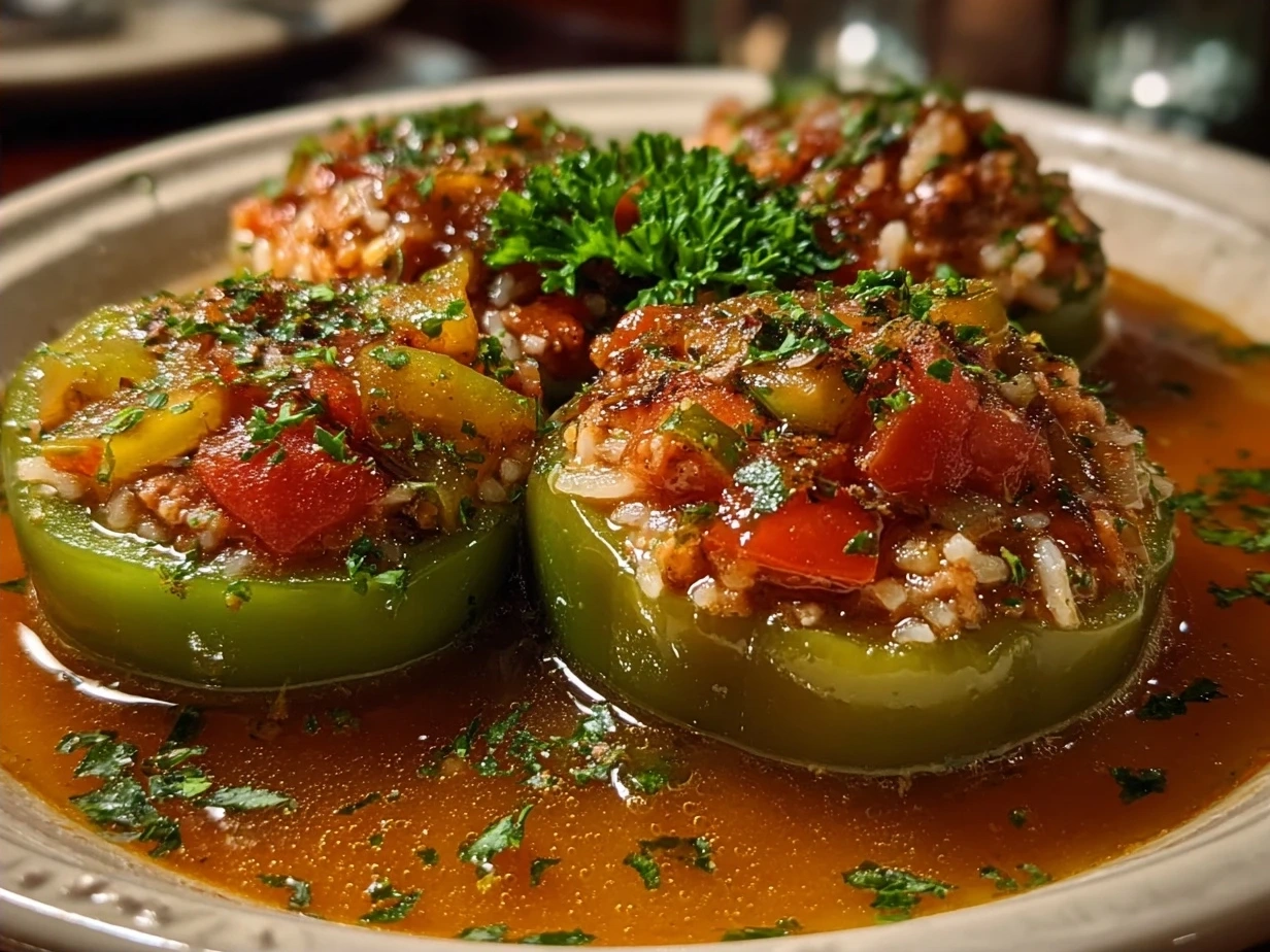 Bowl of delicious stuffed pepper soup served with a slice of crusty bread