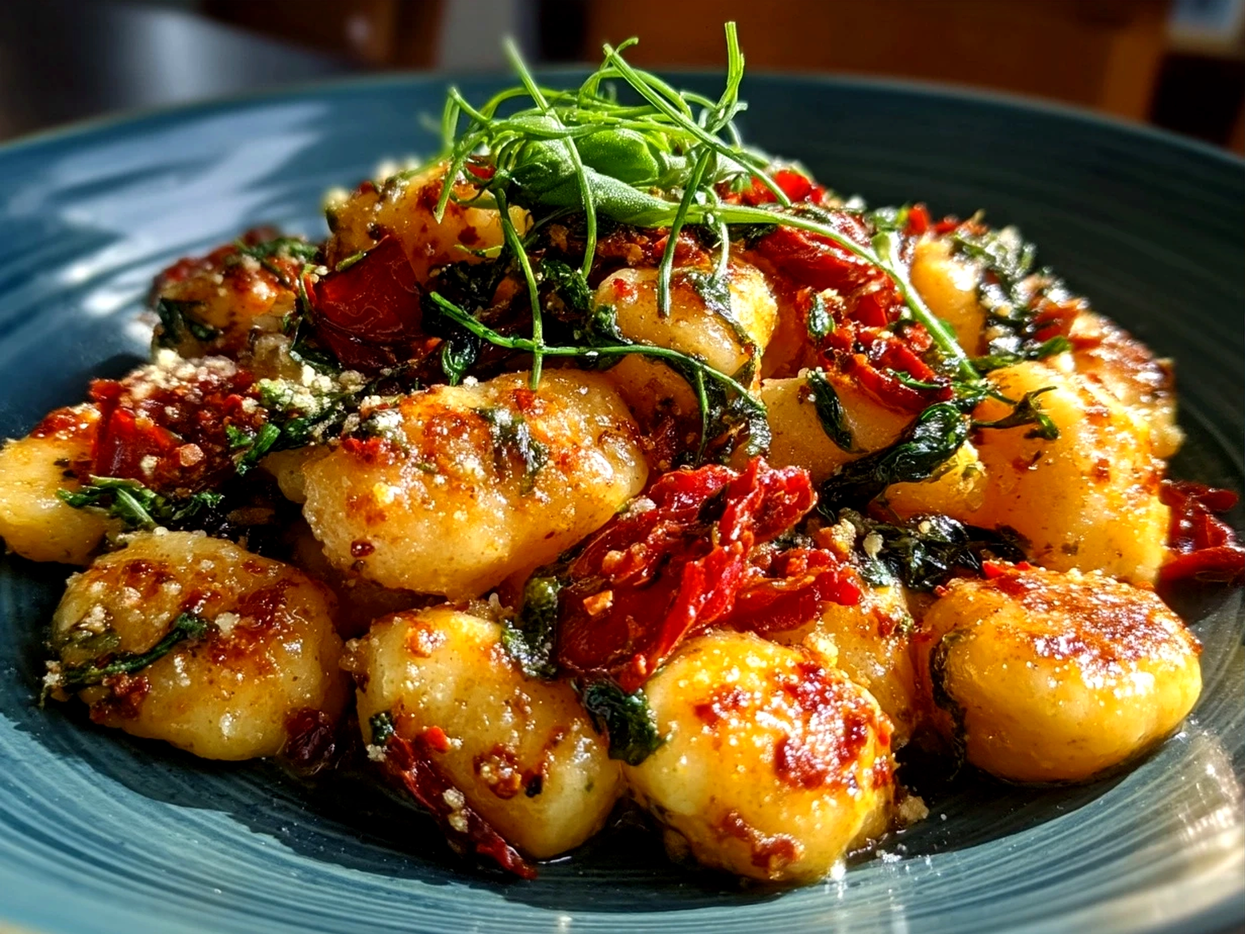 Served Sun-Dried Tomato Gnocchi garnished with Parmesan and fresh herbs