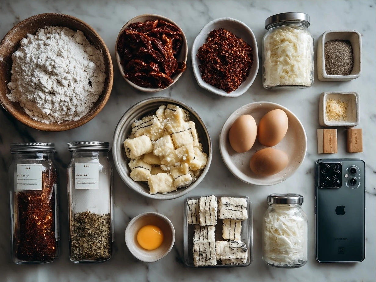 Ingredients for Sun-Dried Tomato Gnocchi laid out on a kitchen counter
