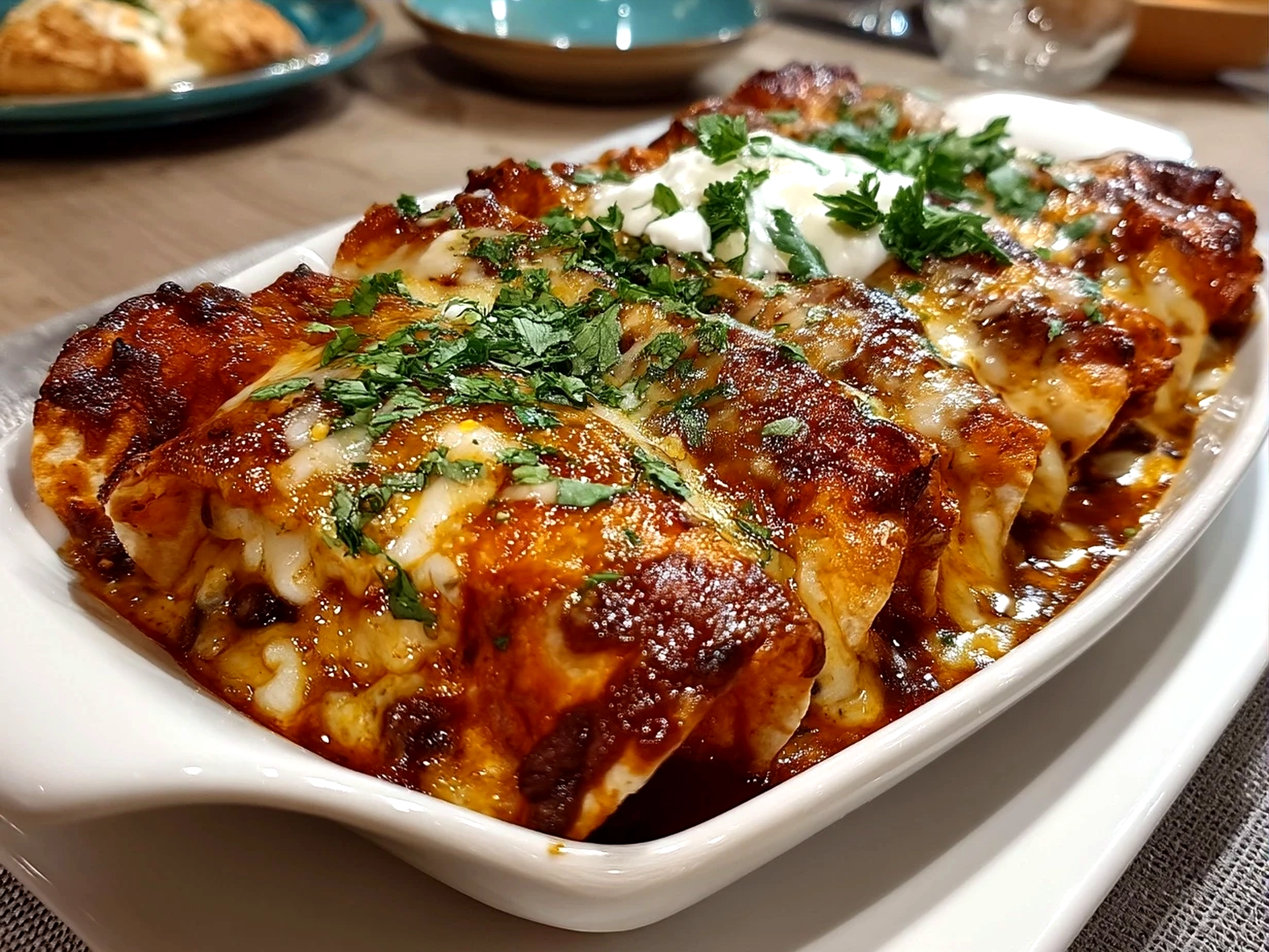 Serving Sweet Potato Black Bean Enchiladas with garnishes