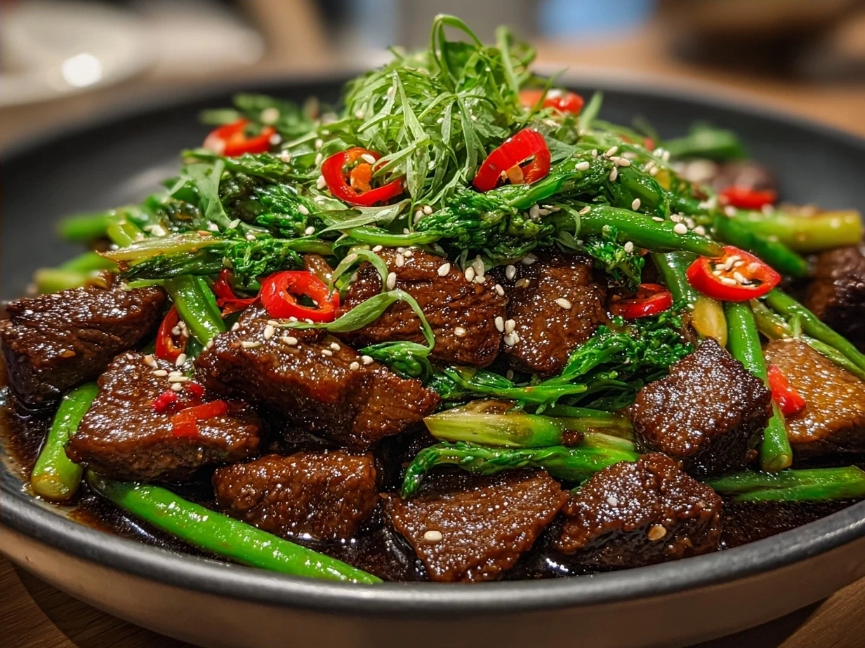 A delicious serving of homemade Szechuan Beef with rice and fresh garnishes ready to enjoy