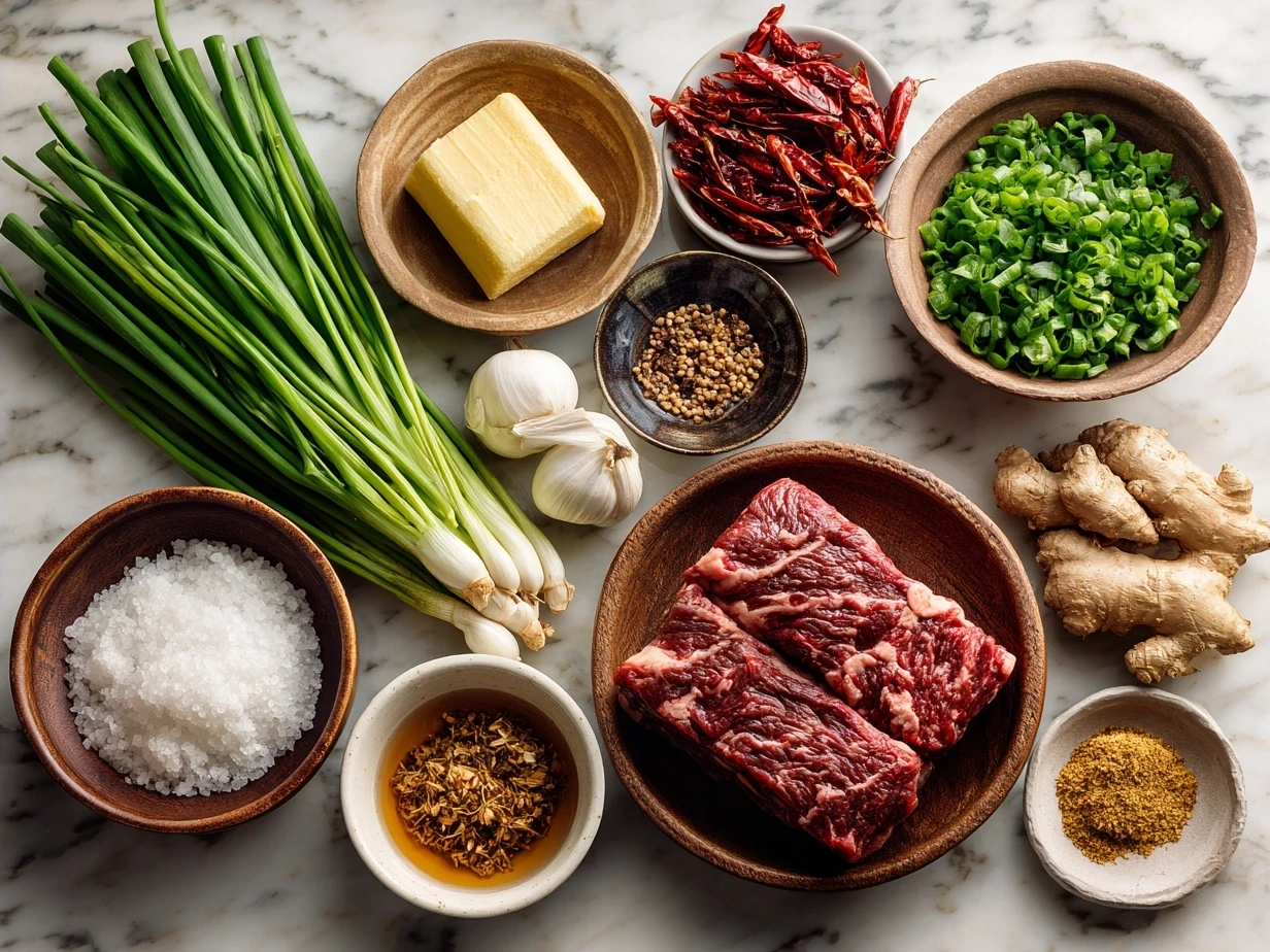 Ingredients for homemade Szechuan Beef including flank steak, soy sauce, garlic, ginger, chili bean paste, Szechuan peppercorns, and bell peppers