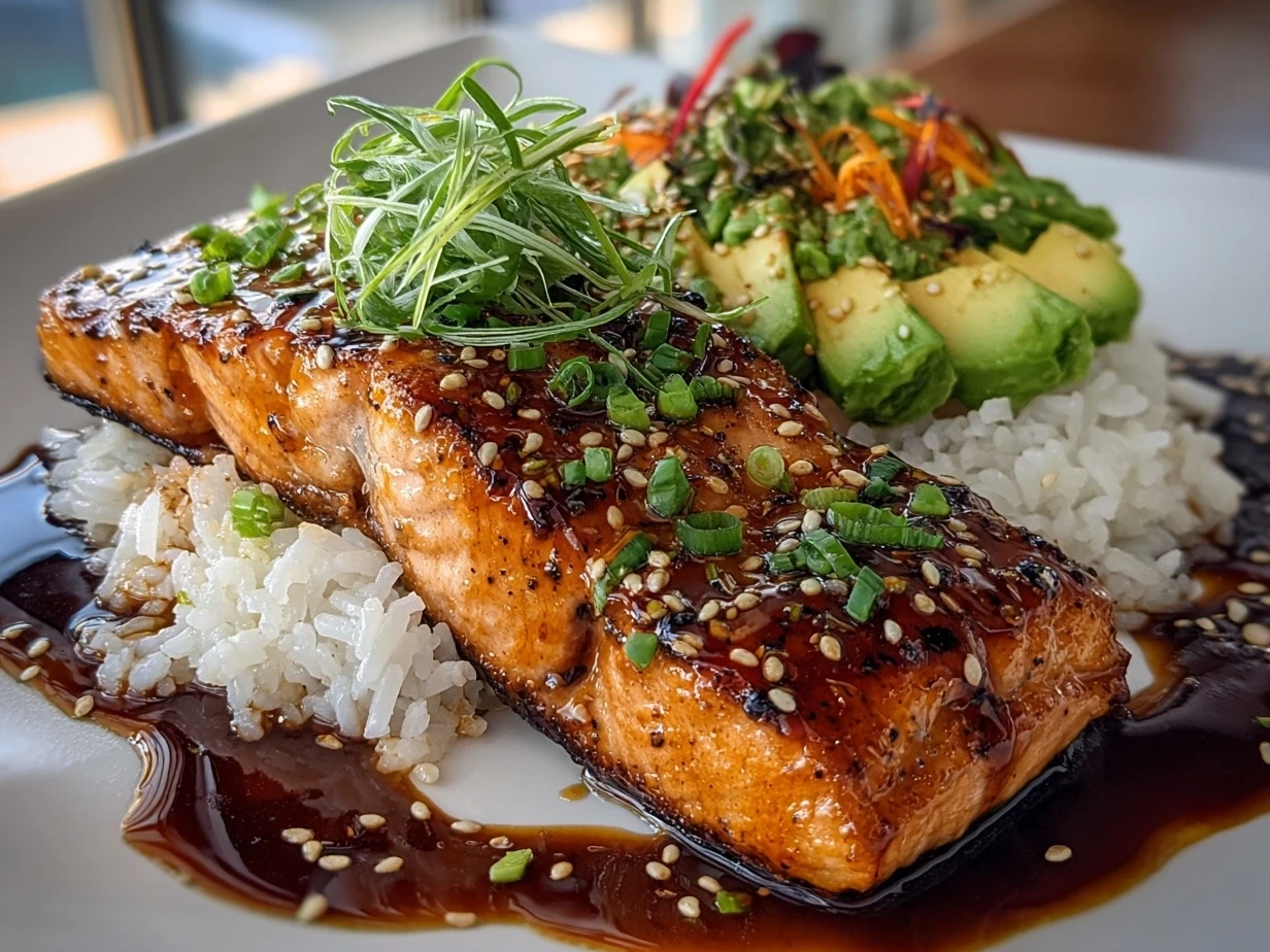Final plated Teriyaki Salmon Avocado Rice bowl, ready to serve