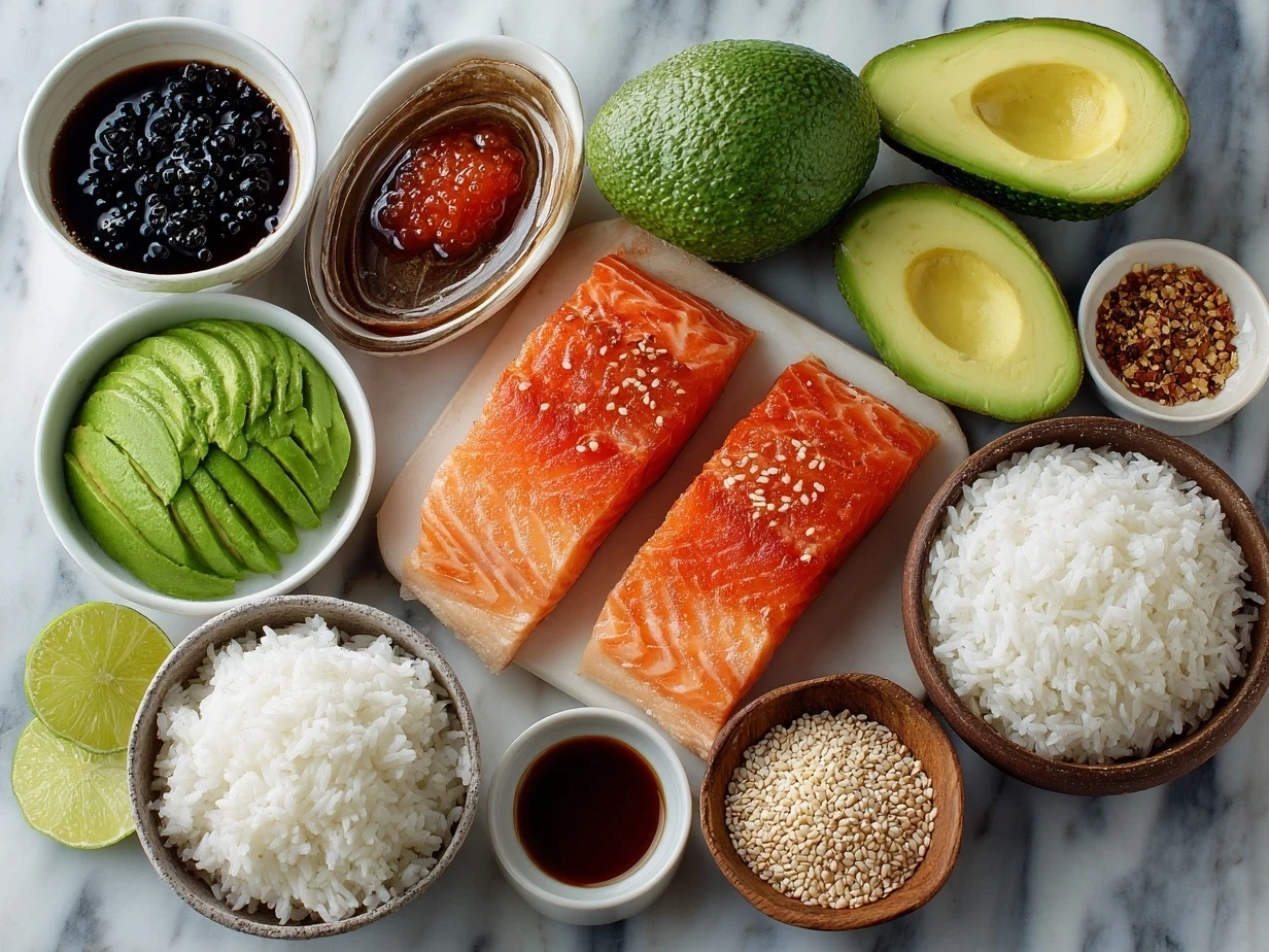 Ingredients for Teriyaki Salmon Avocado Rice: salmon fillets, avocado, rice, teriyaki sauce, sesame oil, green onions, sesame seeds, rice vinegar, salt and pepper