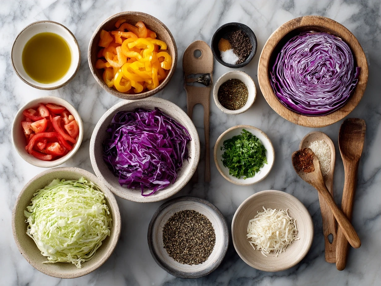 Ingredients for Tex Mex Cabbage Skillet laid out on a kitchen counter