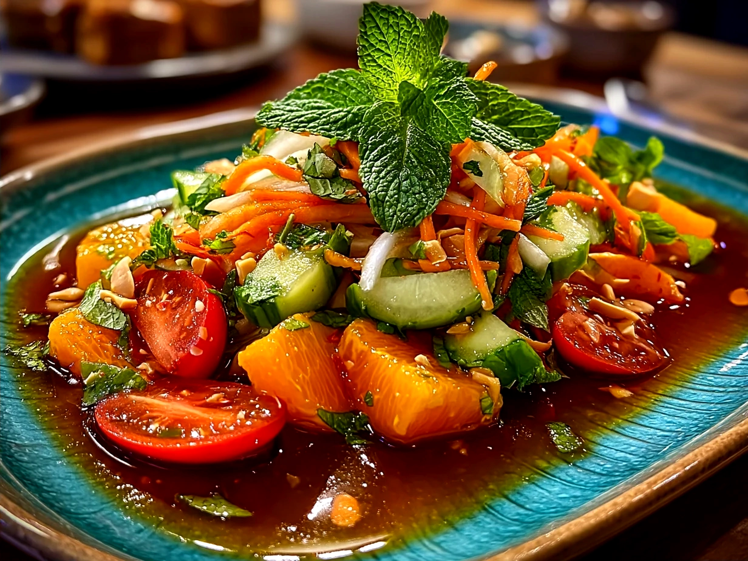 Serving image of a vibrant Thai Peanut Salad topped with peanuts and cilantro in an Asian-style bowl