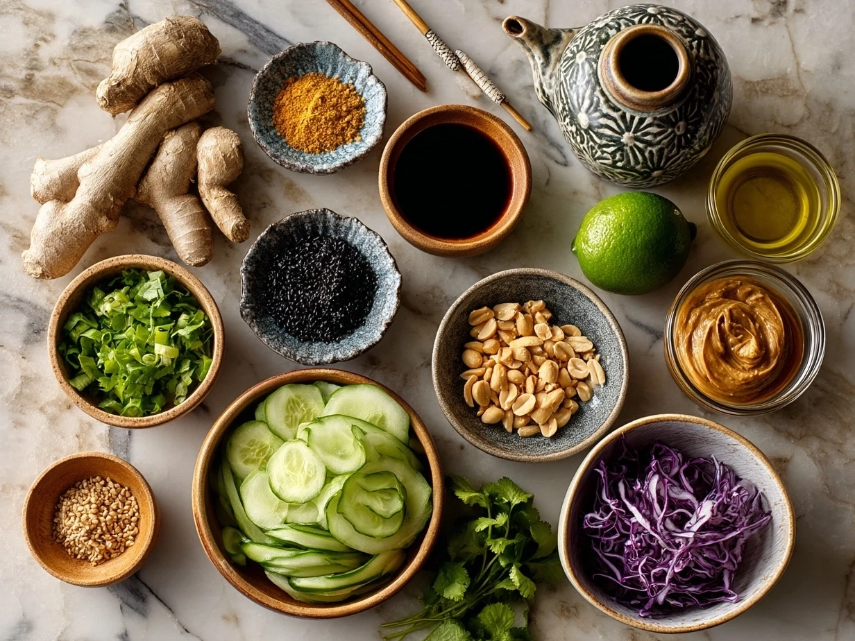 Ingredients for Thai Peanut Salad including cabbage, carrot, red bell pepper, cucumber, cilantro, peanuts, and peanut dressing components