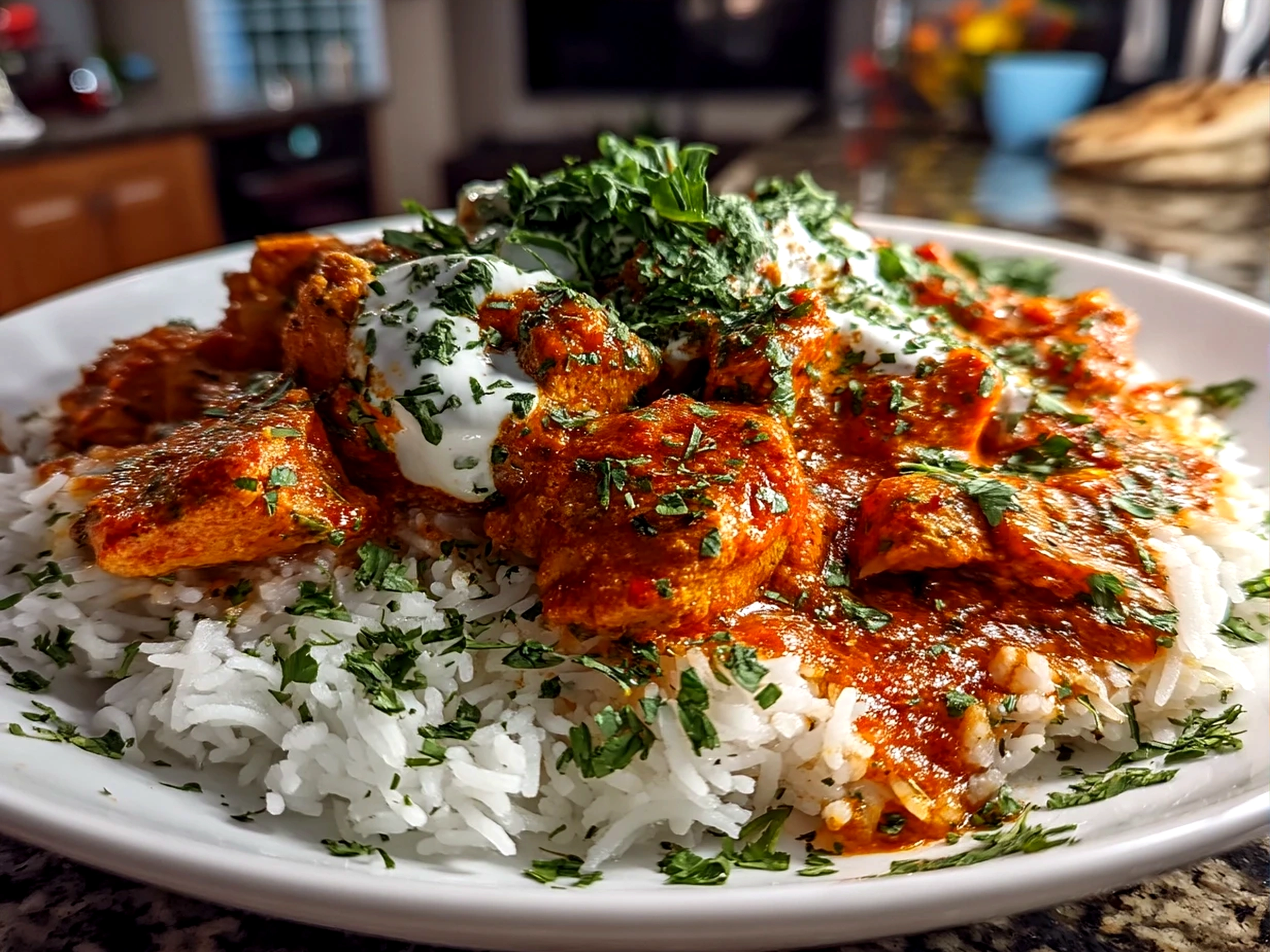 A bowl of finished Tikka Masala Sauce served with rice and naan