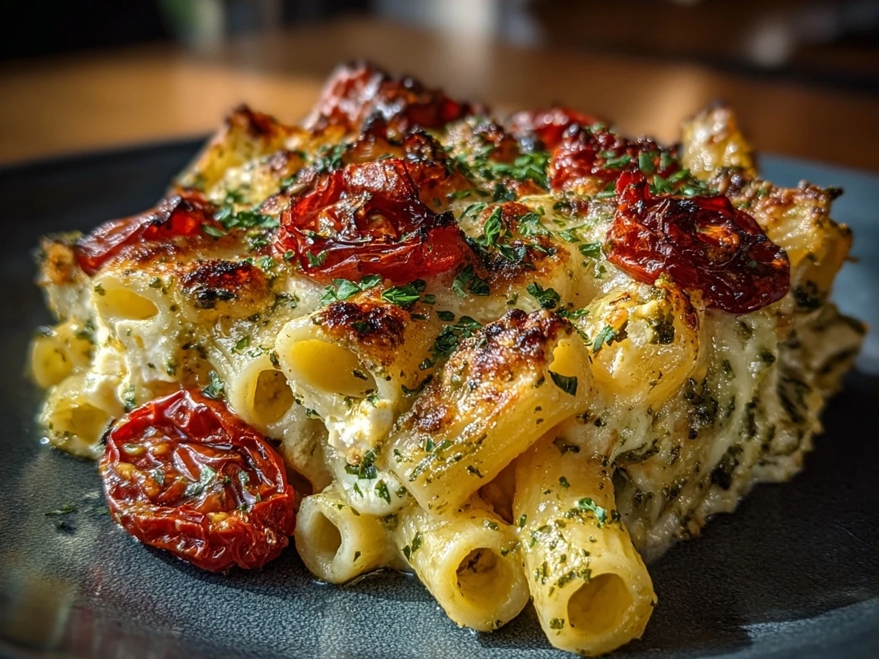 Final serving of creamy TikTok Baked Feta Pasta with Pesto garnished with fresh basil leaves