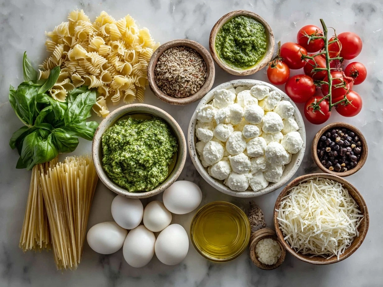Ingredients for TikTok Baked Feta Pasta with Pesto including feta, cherry tomatoes, pasta and pesto sauce