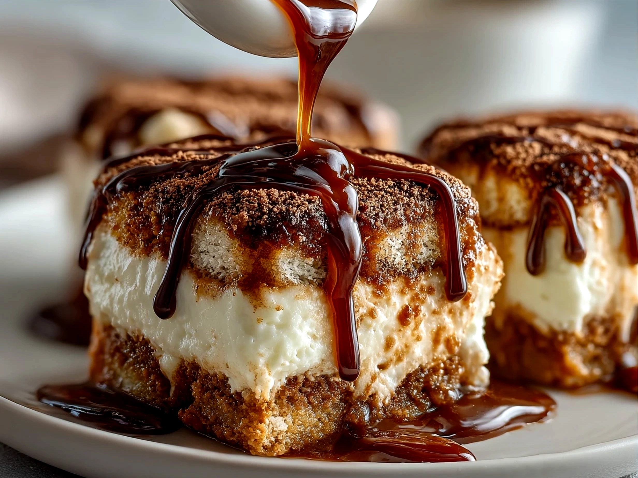 Finished tiramisu bars served with fresh berries and dusted with cocoa powder