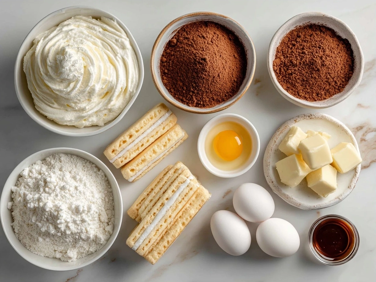 Ingredients for making tiramisu bars including ladyfinger cookies, coffee, mascarpone cheese, eggs, and cocoa powder