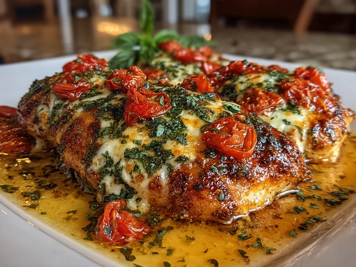 A serving plate of Tomato Basil Baked Chicken with fresh herbs and roasted tomatoes.