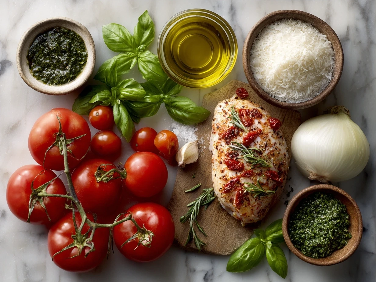 Ingredients for Tomato Basil Baked Chicken including chicken breasts, cherry tomatoes, fresh basil, garlic, olive oil, oregano, and cheese.