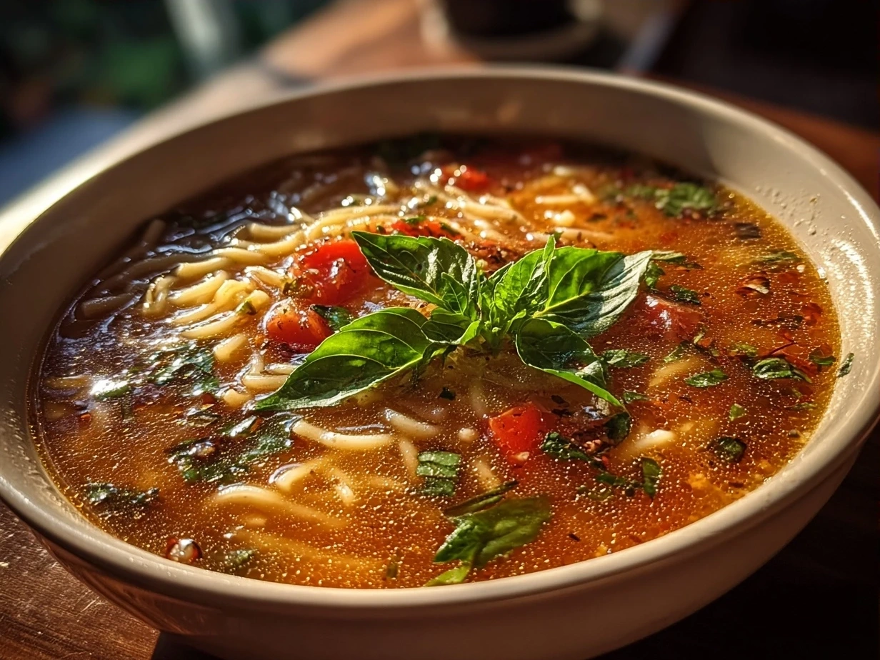 Bowl of Tomato Basil Noodle Soup garnished with fresh basil served with crusty bread