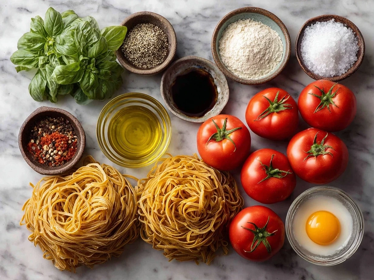 Ingredients for Tomato Basil Noodle Soup including tomatoes, basil, noodles, garlic, and onions