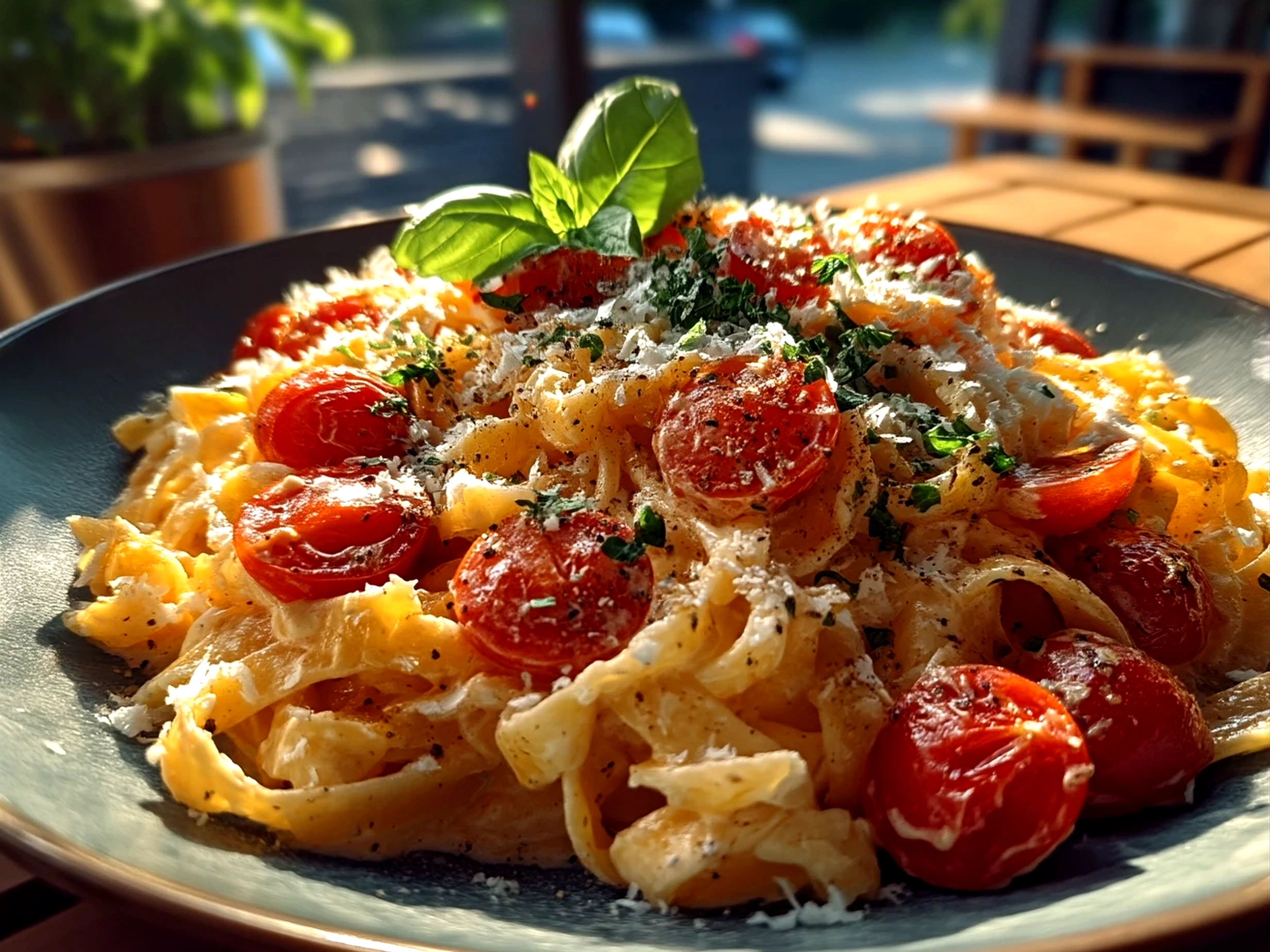Tomato Creamy Pasta served in a white bowl garnished with fresh herbs